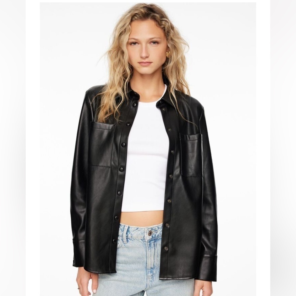 Rue 21 Black PU Leather Shirt White Stitch with Long Sleeves Sz M